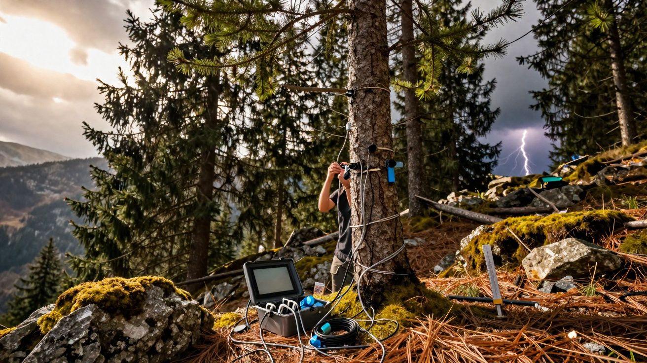 Técnico a instalar sensores num pinheiro numa floresta montanhosa com relâmpago ao fundo.