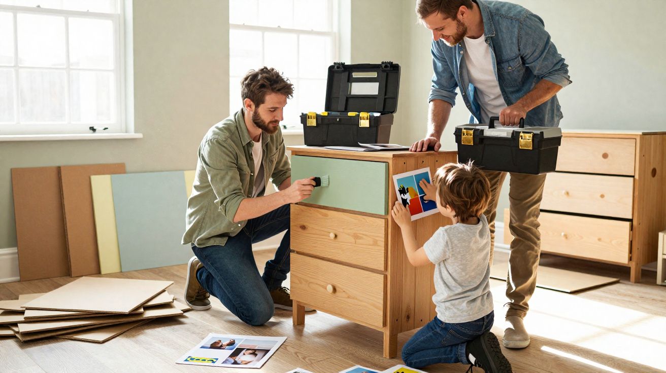 Dois homens e uma criança montam e pintam uma cómoda de madeira num ambiente bem iluminado.