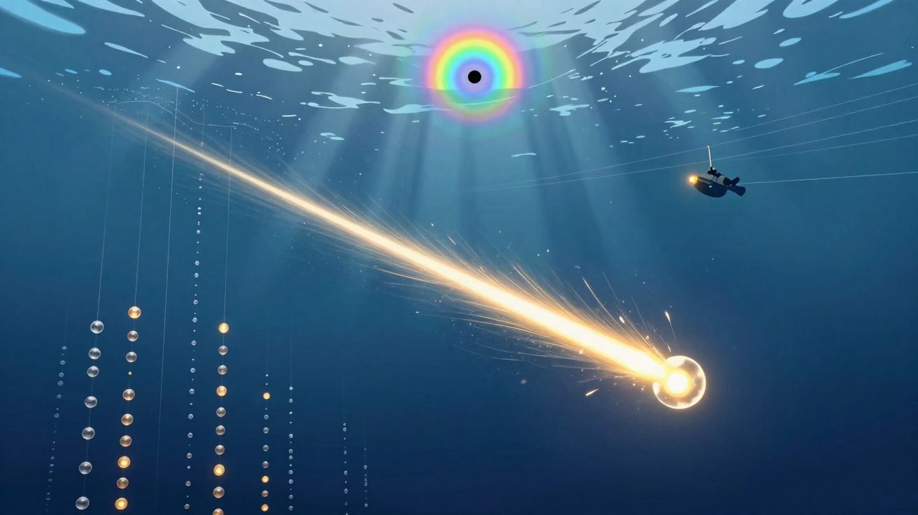 Ilustração submarina de sonda a investigar buraco negro com arco-íris na superfície da água.