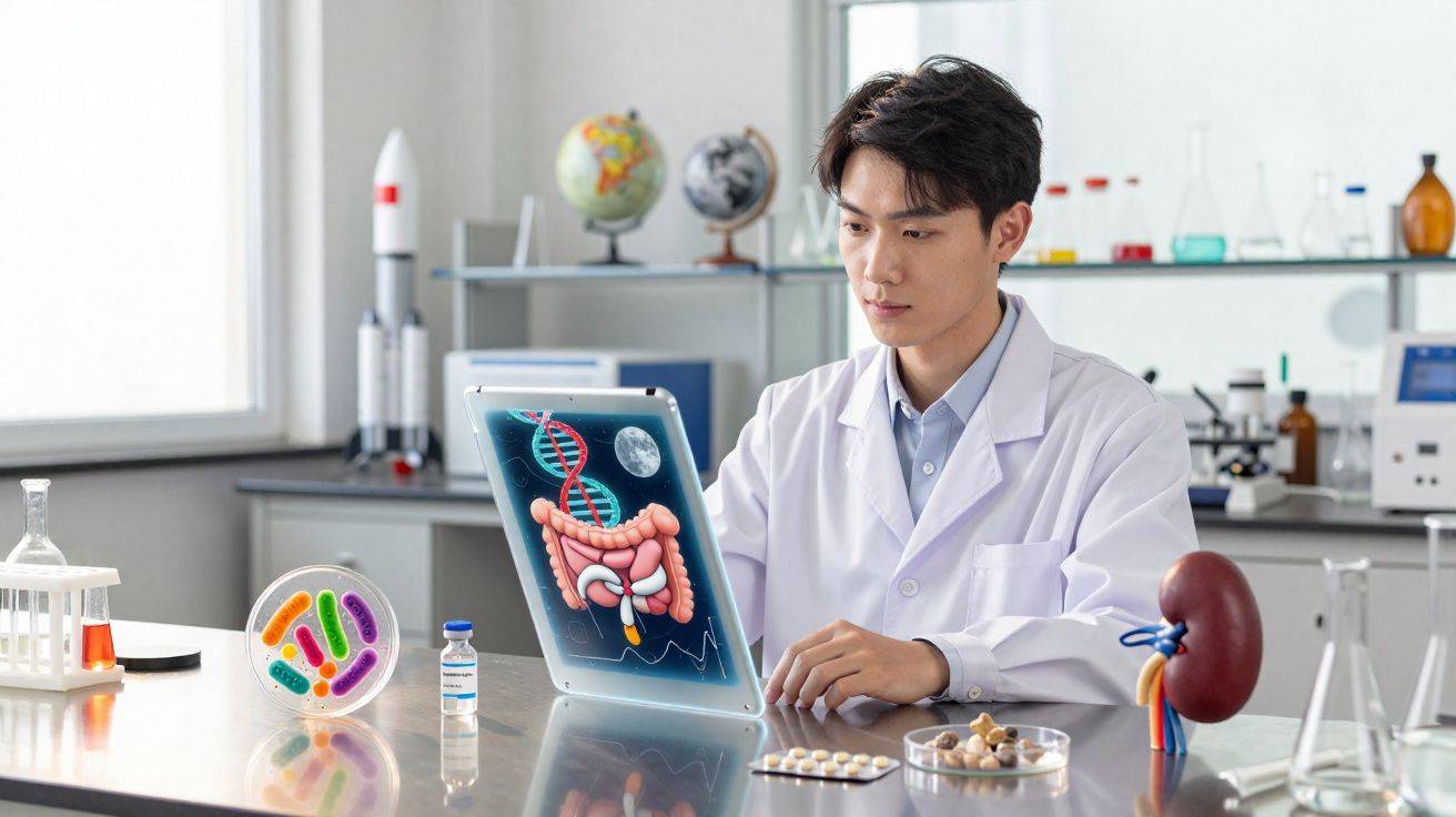 Cientista em laboratório observa tablet com imagens de DNA e sistema digestivo, acompanhado de modelos e amostras.