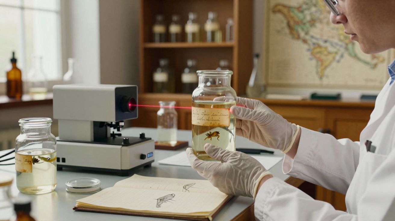 Cientista numa sala de laboratório a analisar espécimes de insectos conservados em frascos com líquido.