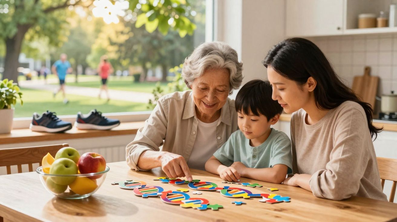 Três gerações de uma família a montarem um puzzle colorido juntos numa cozinha iluminada.