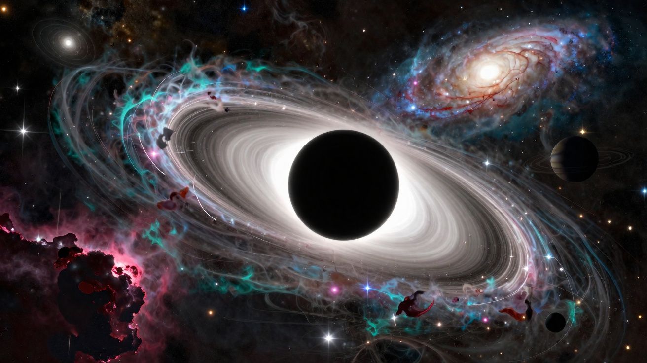 Planeta escuro com anéis brilhantes e galáxias no espaço com nuvens cósmicas coloridas ao redor.