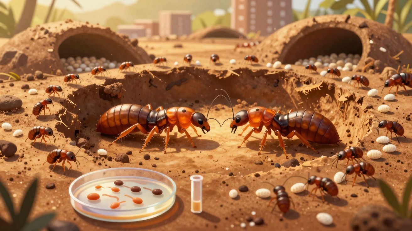 Colónia de formigas com rainhas, ovos e laboratório microscópico num formigueiro na terra.