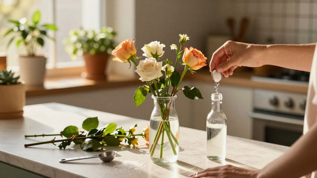 Pessoa a colocar pastilha efervescente numa garrafa com água para manter flores frescas numa cozinha iluminada.