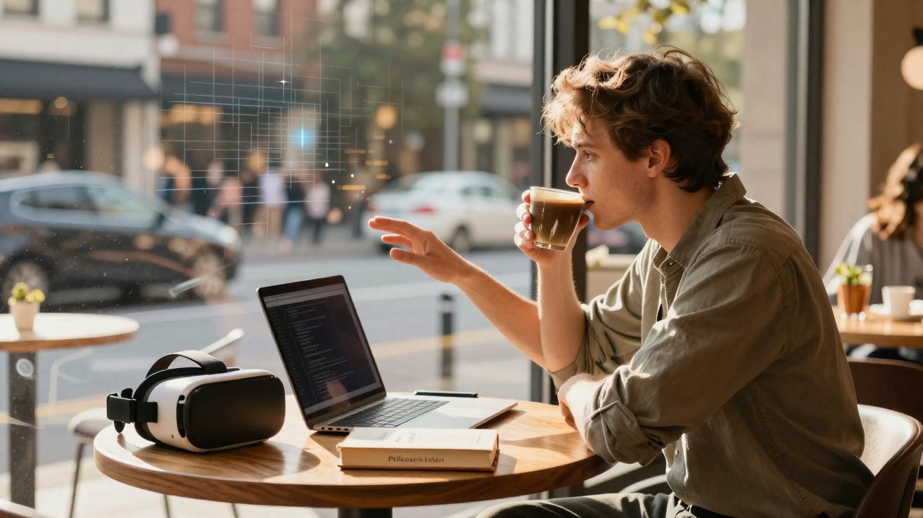 Jovem com camisa verde a beber café e a usar laptop num café, com óculos VR e livro na mesa.