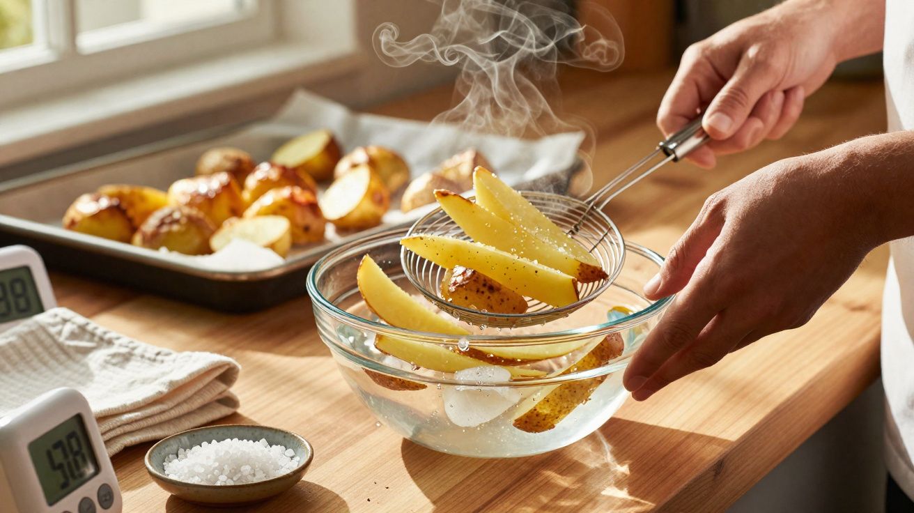 Mãos a escorrer batatas quentes e temperadas num recipiente com água num balcão de cozinha.