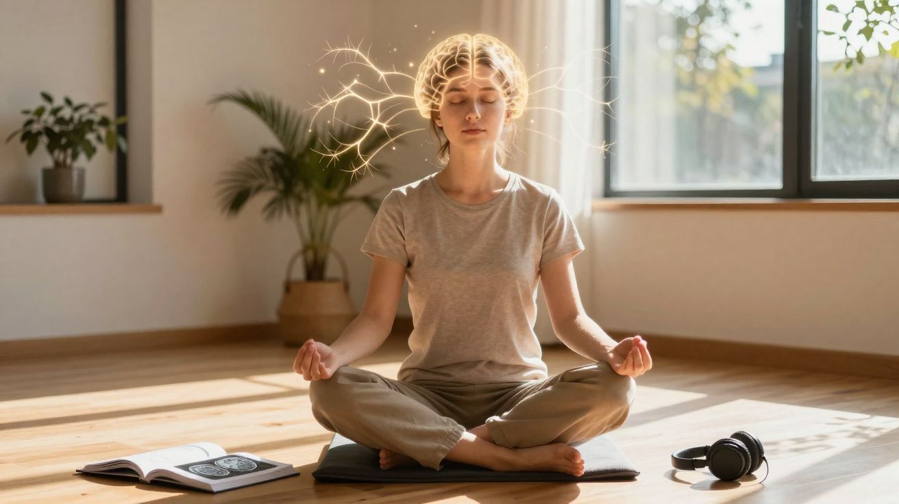 Mulher sentada em posição de meditação com imagem digital do cérebro iluminado à volta da cabeça.
