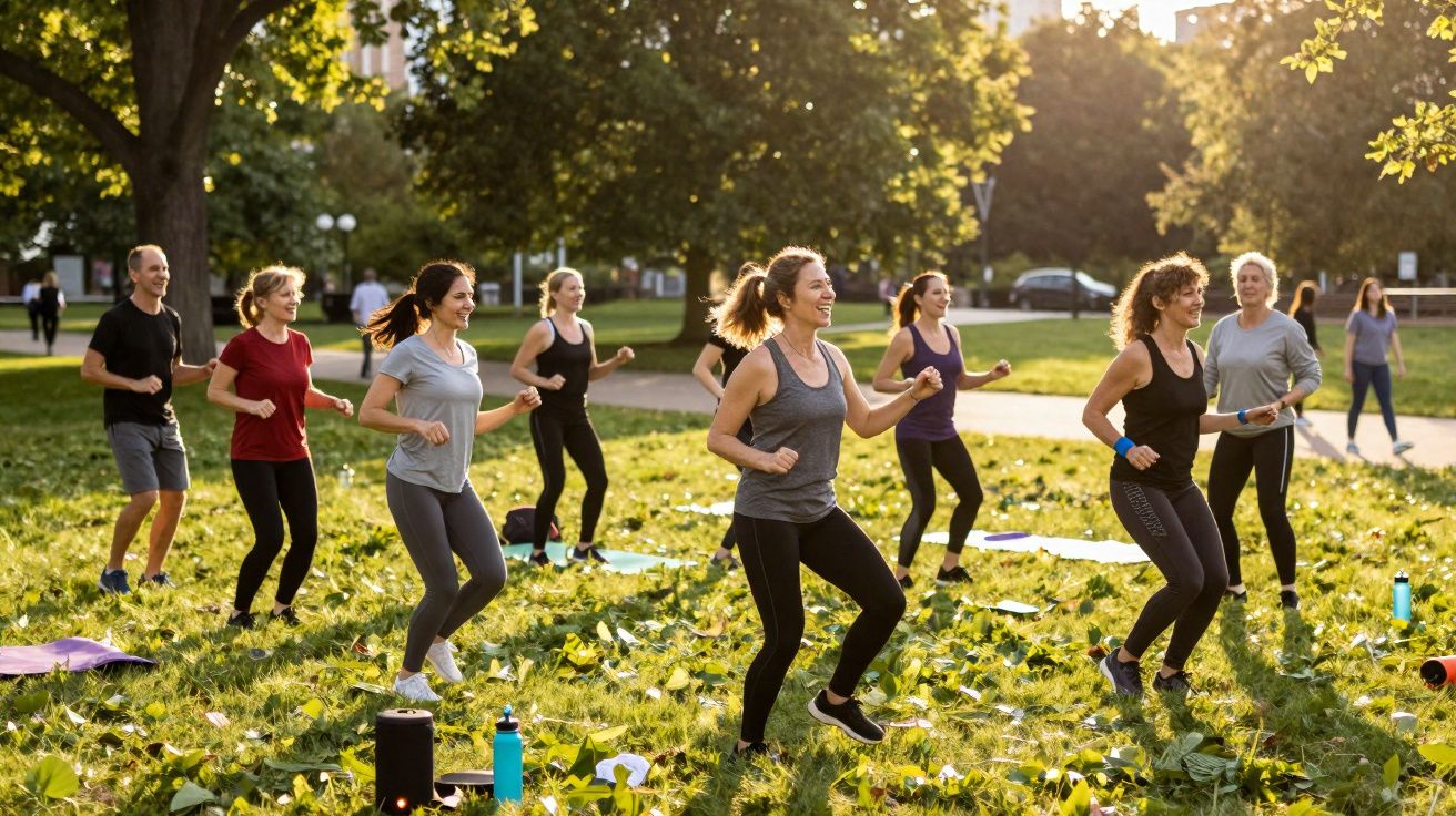 Grupo de pessoas a praticar exercício físico ao ar livre num parque ensolarado.