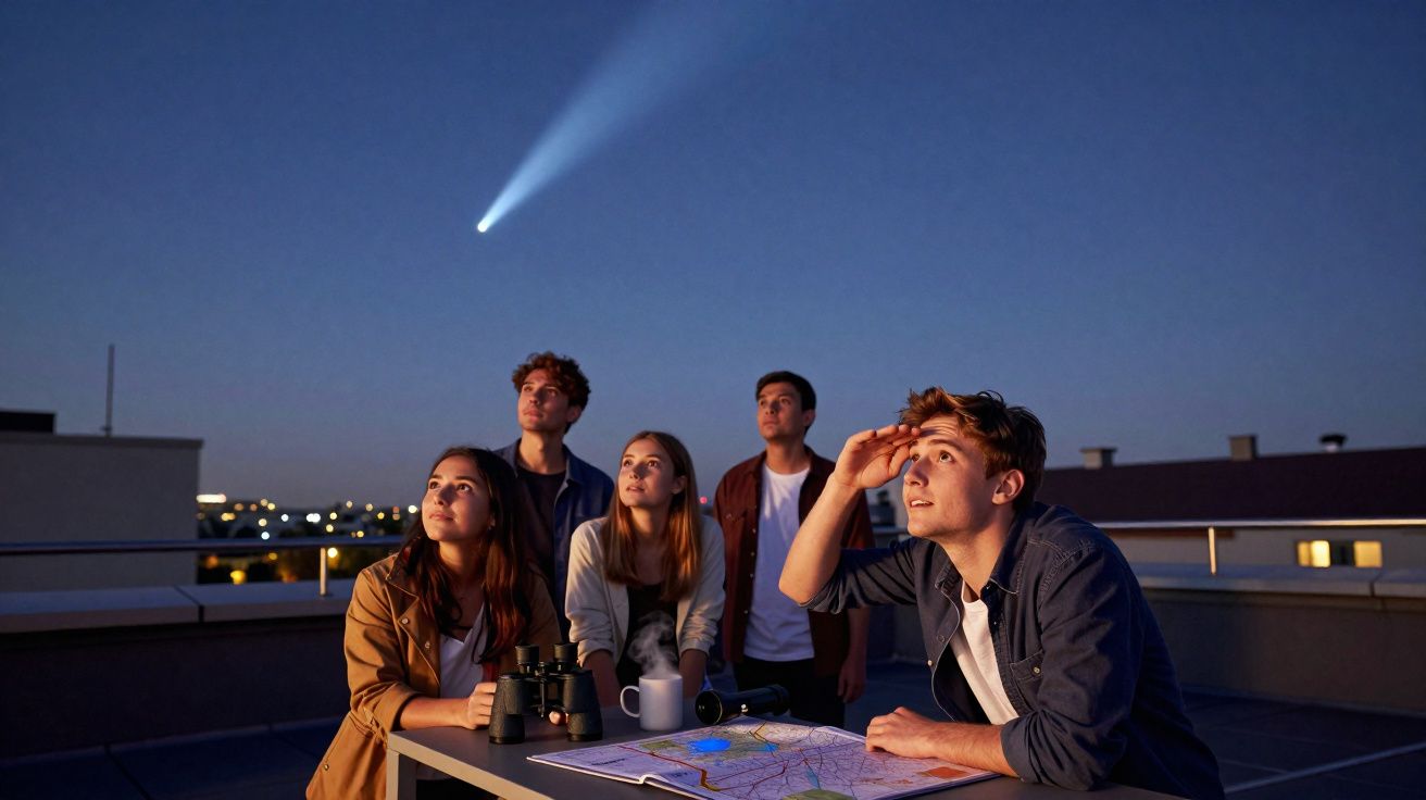 Grupo de jovens numa varanda à noite a observar um cometa no céu estrelado com binóculos e mapa na mesa.