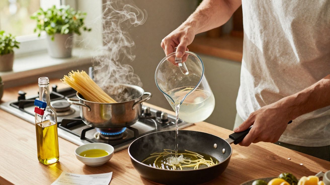 Pessoa a cozer esparguete em panela e a adicionar água a frigideira na cozinha iluminada pela janela.