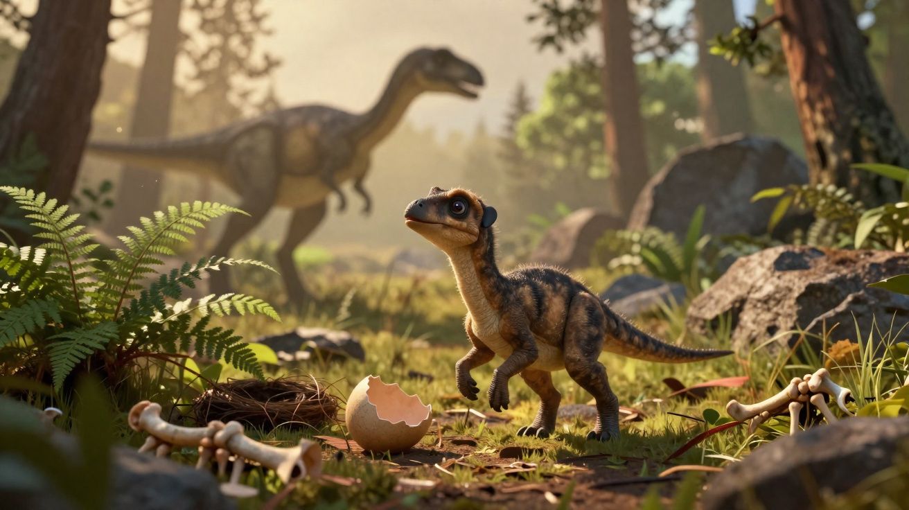 Dinossauro bebé recém-nascido junto a um ovo partido numa floresta pré-histórica com outro dinossauro ao fundo.