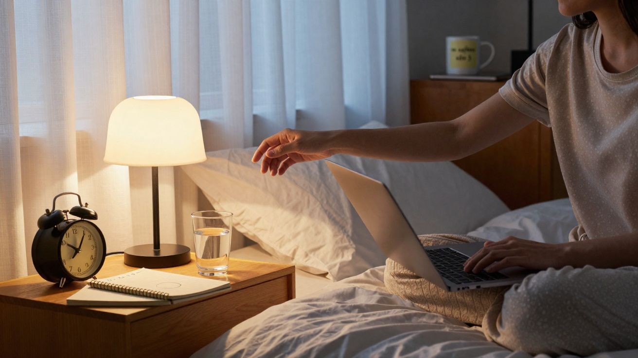 Pessoa sentada na cama com portátil, perto de mesa de cabeceira com candeeiro, copo de água e relógio.
