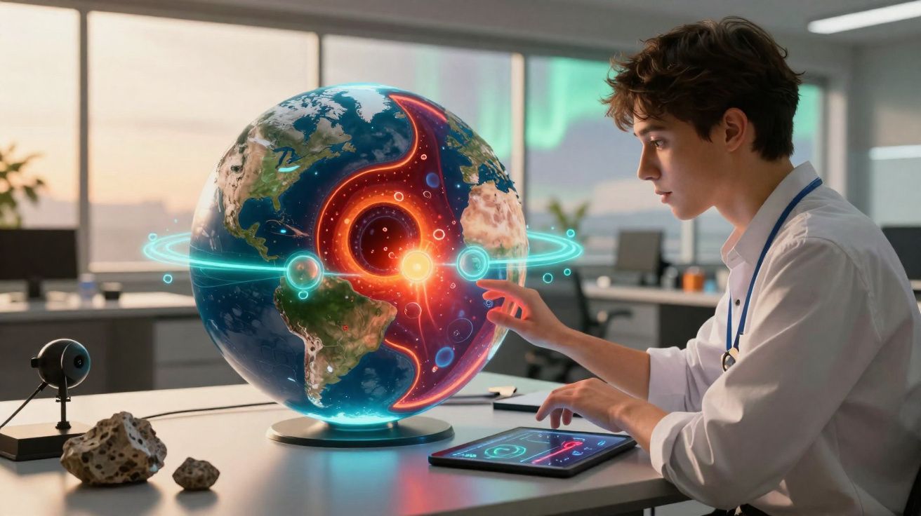 Jovem usando tablet interage com globo terrestre digital mostrando o interior da Terra em laboratório.