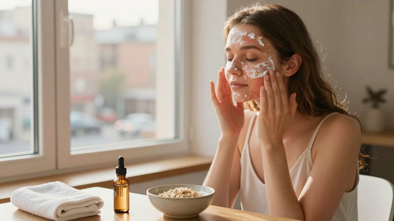 Mulher jovem a aplicar máscara facial com aveia numa sala iluminada junto a uma janela grande.