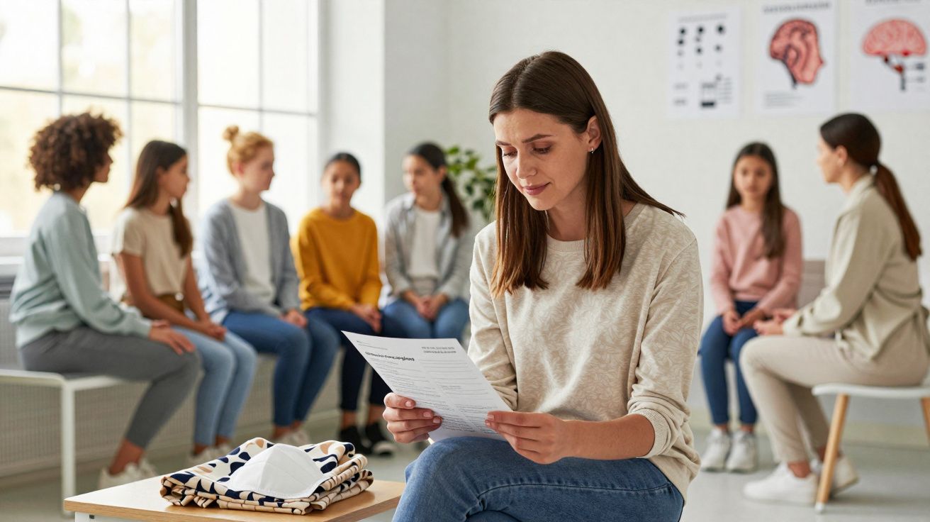 Mulher sentada a ler papel, grupo de pessoas reunidas ao fundo, ambiente iluminado e informal.
