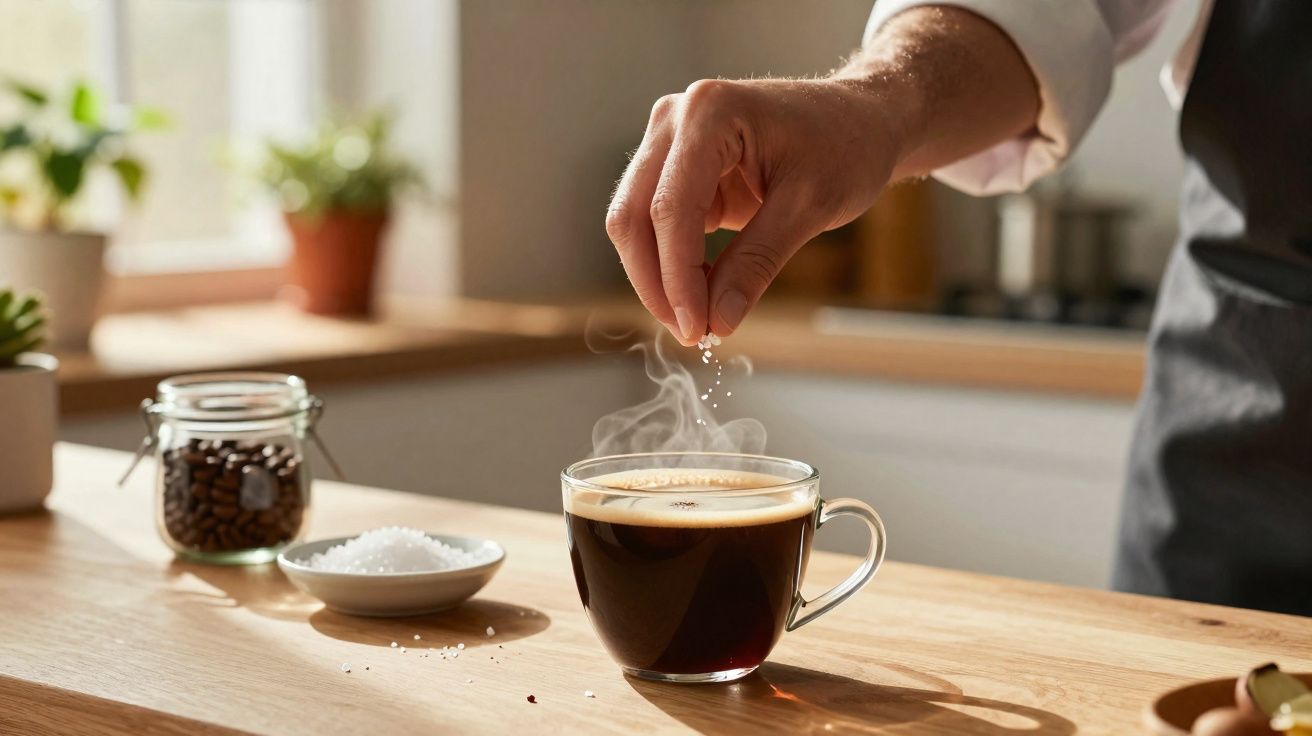 Pessoa a adicionar açúcar a uma chávena de café quente numa cozinha iluminada pelo sol.