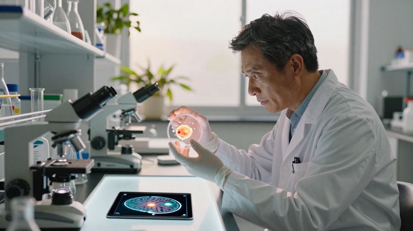 Cientista em laboratório a analisar uma amostra num porta-objetos com microscópios e imagens digitais.