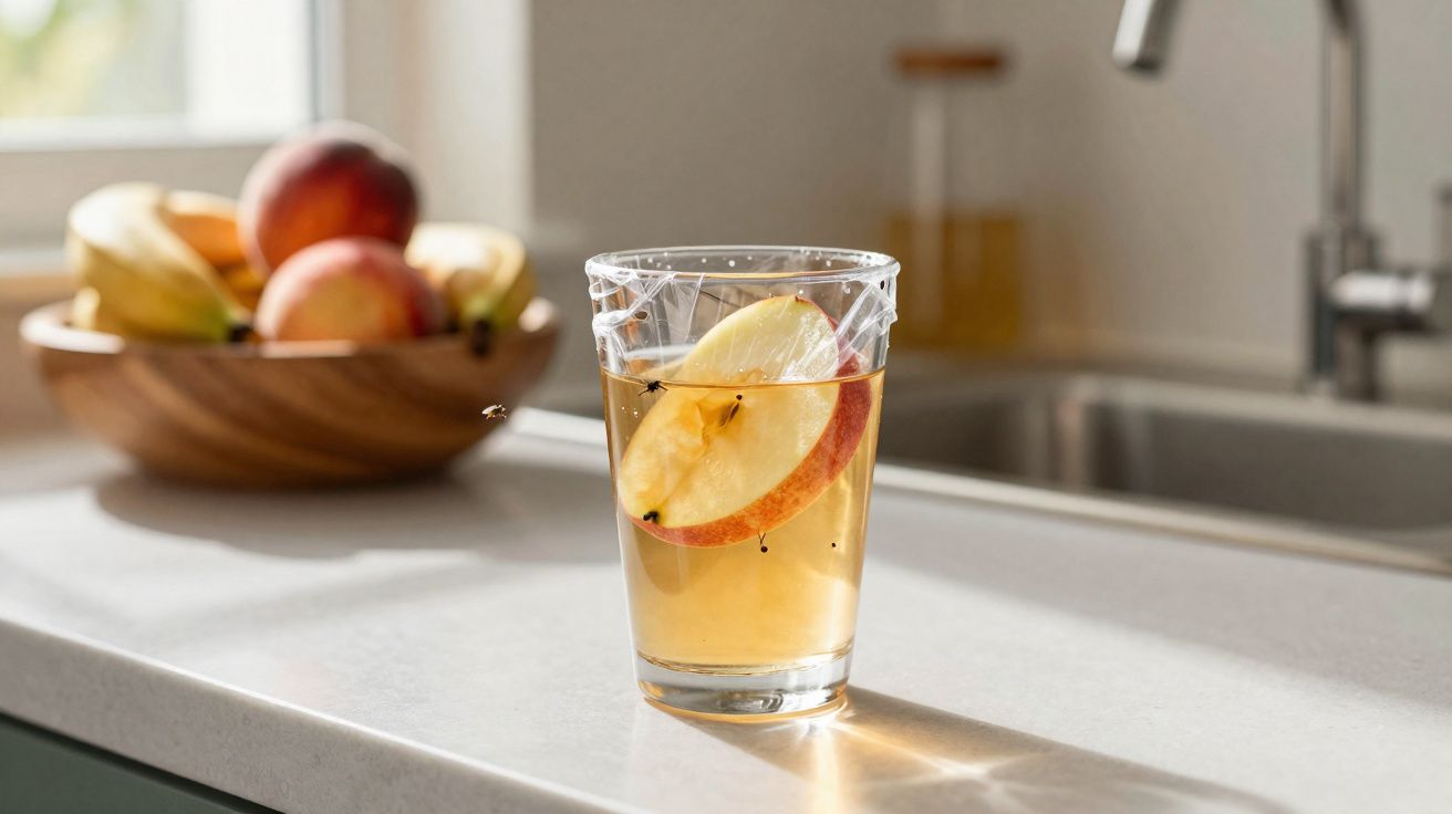 Copo de vidro com fatia de maçã e insetos dentro, em bancada de cozinha com fruteira ao fundo.