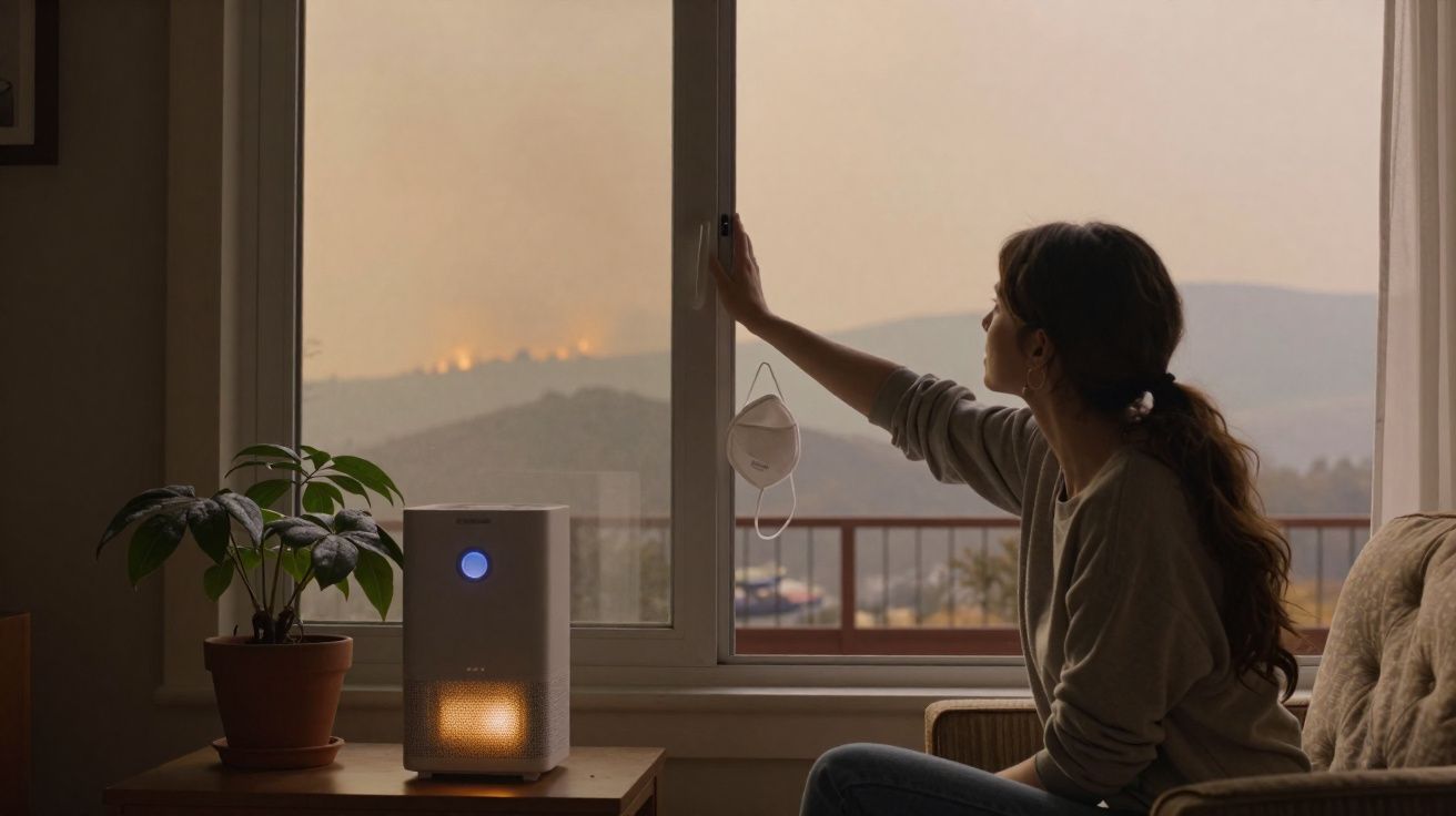 Mulher sentada junto a janela, segurando máscara, observa incêndio florestal ao longe numa paisagem enevoada.