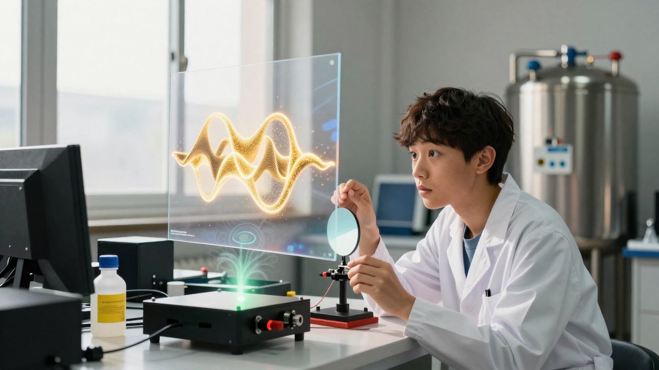 Jovem cientista em laboratório a manipular equipamento óptico com gráfico holográfico luminoso à frente.