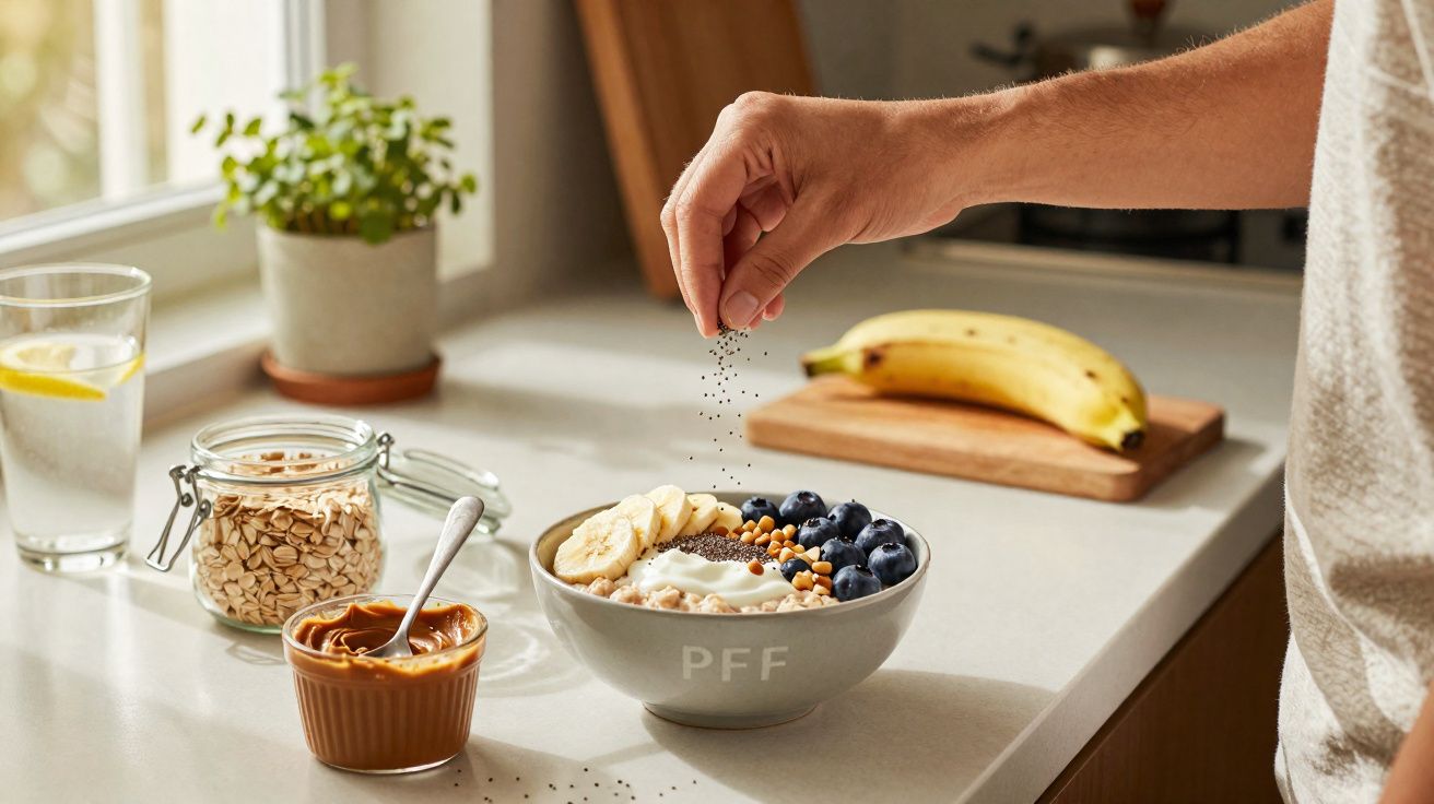 Mão a polvilhar sementes numa taça com iogurte, banana, mirtilos, granola e manteiga de amendoim na cozinha.