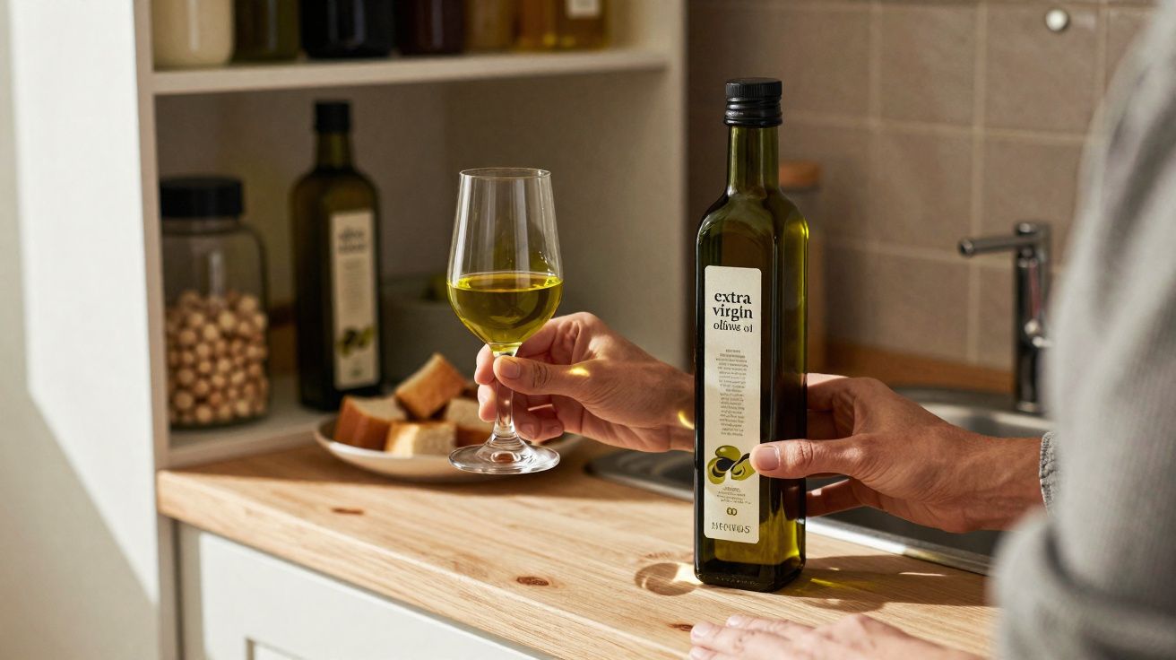 Pessoa segurando garrafa de azeite extra virgem e copo com azeite numa cozinha.