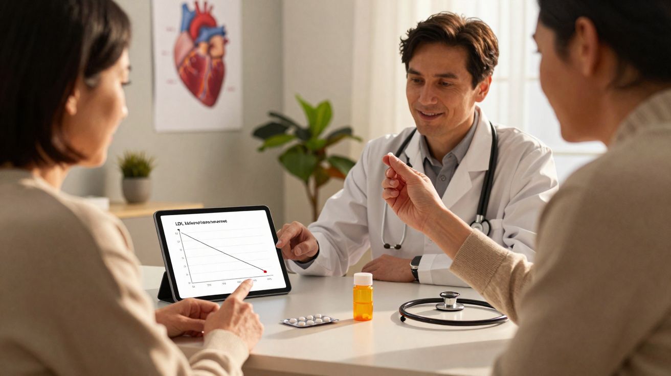 Médico com bata branca consulta duas pacientes e mostra gráfico num tablet numa consulta médica.