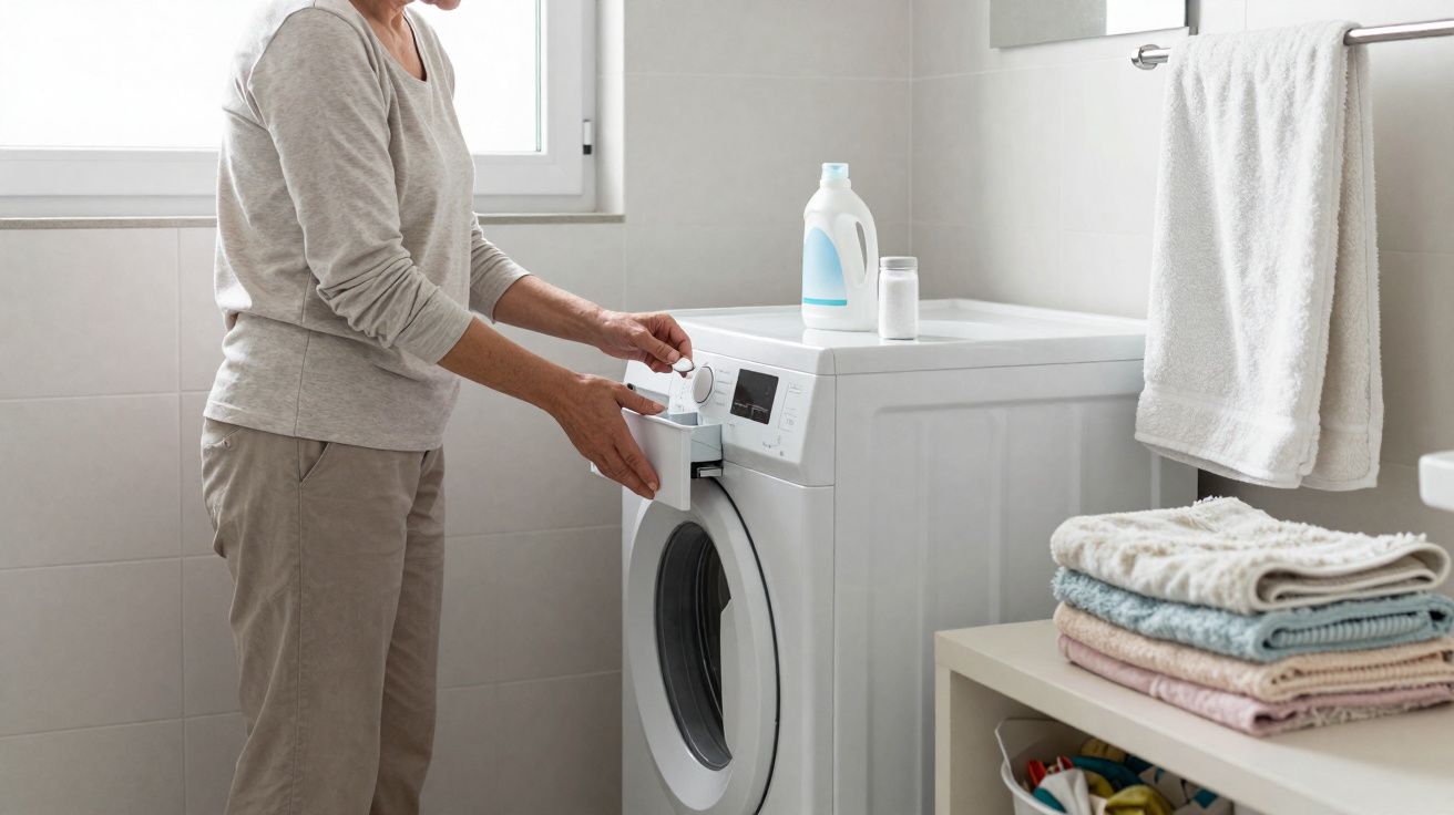 Pessoa a colocar detergente na máquina de lavar roupa numa lavandaria com toalhas dobradas.