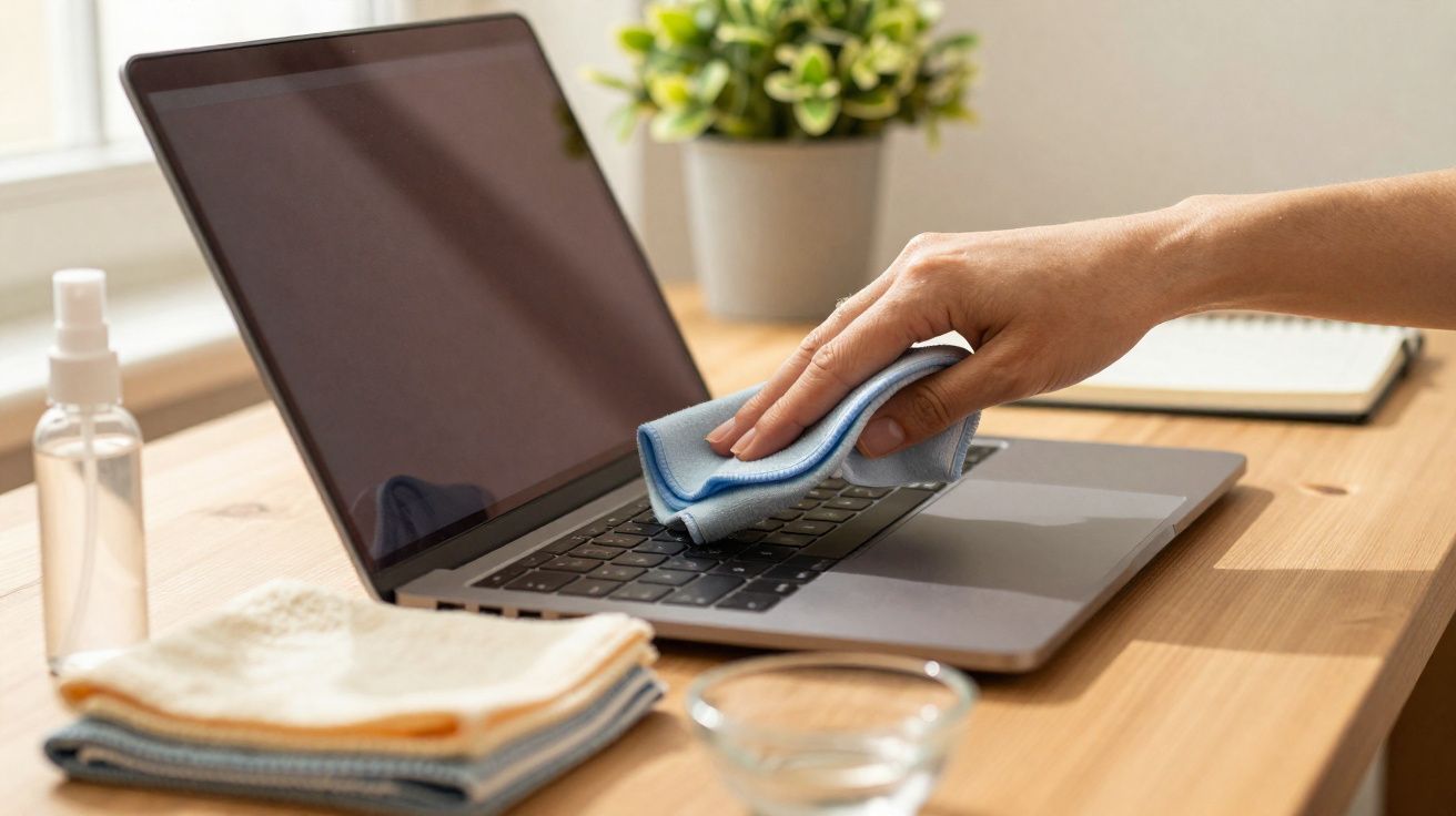 Mão a limpar teclado de portátil com pano azul num ambiente de escritório com planta e garrafa de spray.