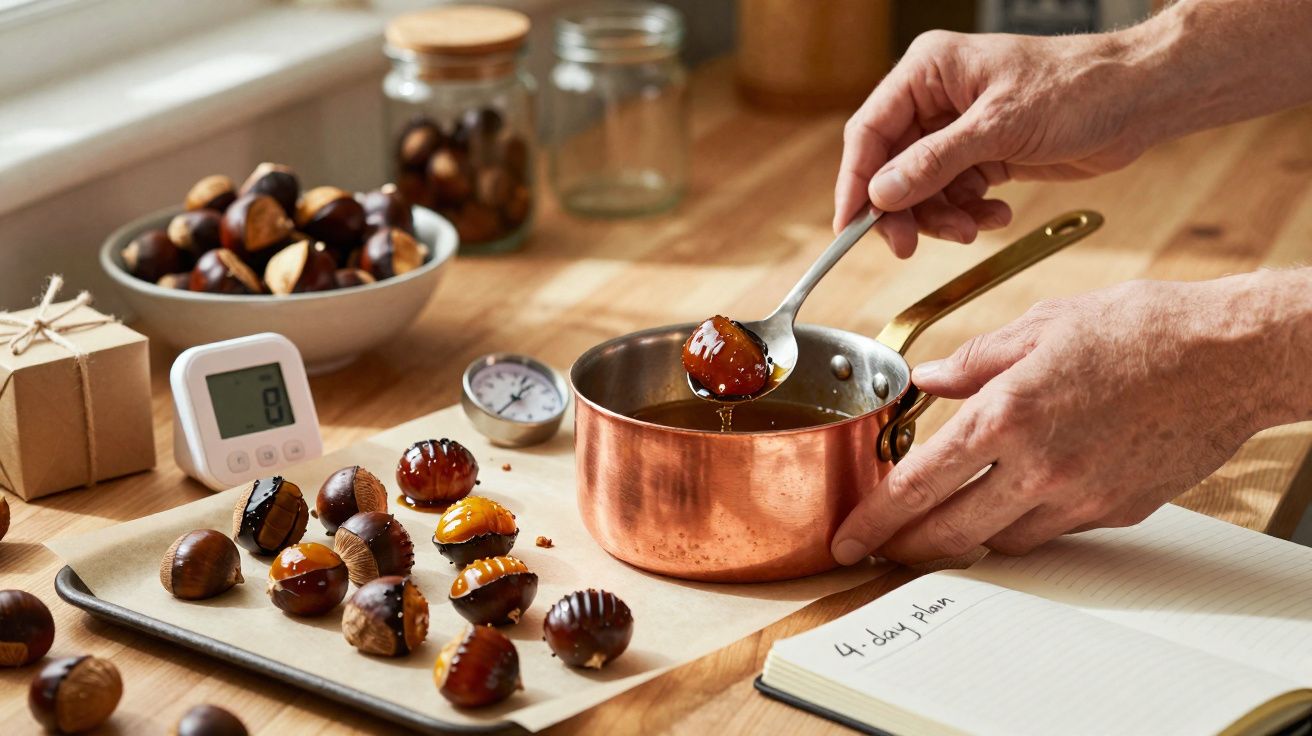 Mãos cobrem castanhas com calda em panela de cobre numa cozinha com mesa de madeira e temporizador digital.