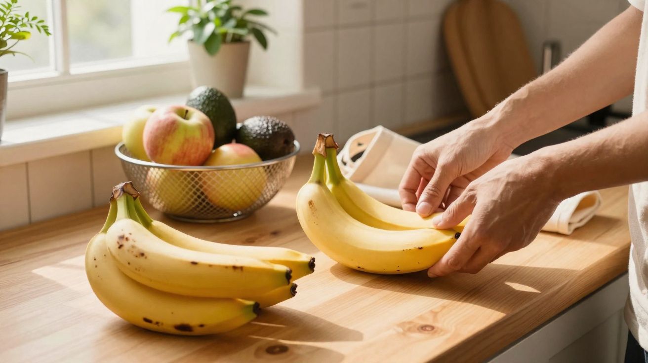 Mãos a organizar cachos de bananas numa bancada de cozinha com uma fruteira ao fundo junto à janela.