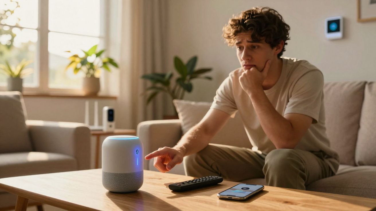 Homem jovem a interagir com dispositivo inteligente numa sala de estar moderna.