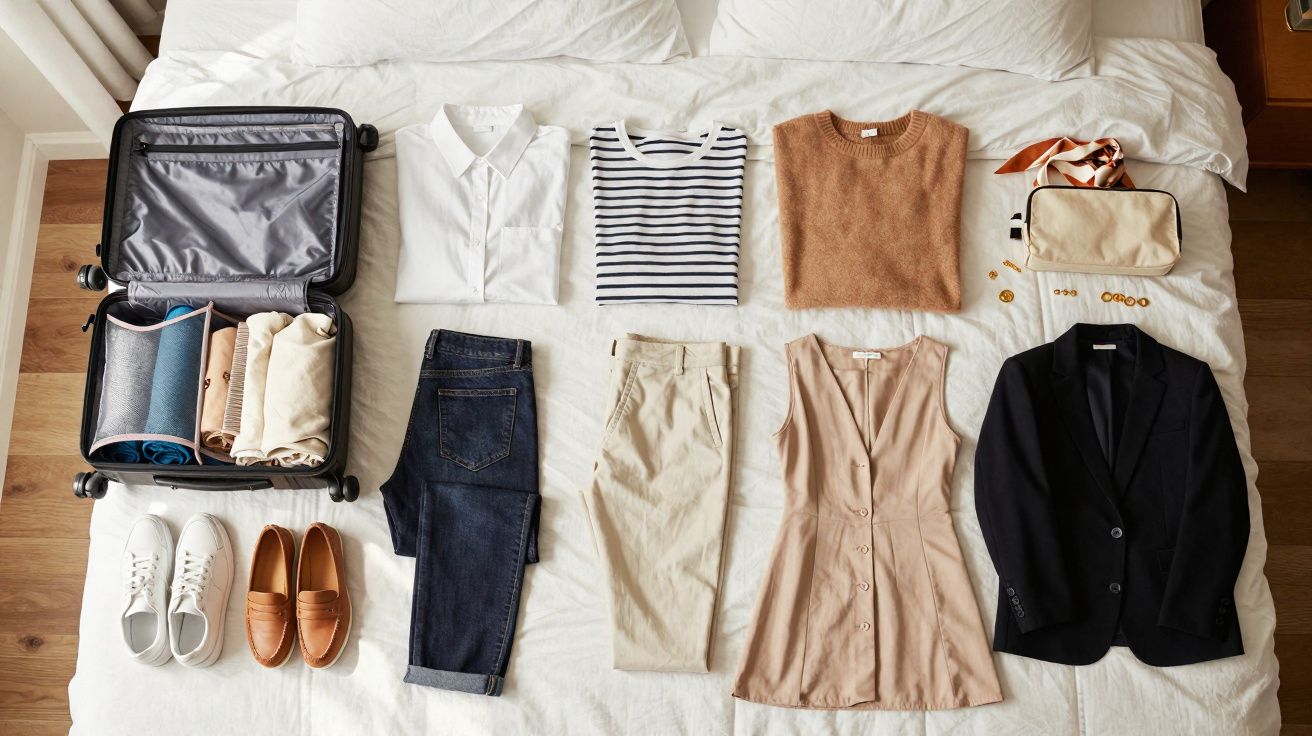 Roupa organizada sobre cama com mala aberta, calças, camisas, vestido, casaco e acessórios de moda.
