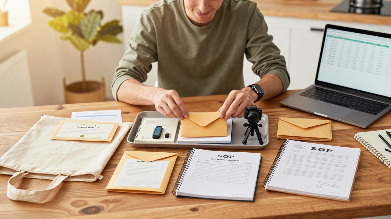Pessoa a preparar documentos e envelopes num ambiente de trabalho com computador portátil e câmera.