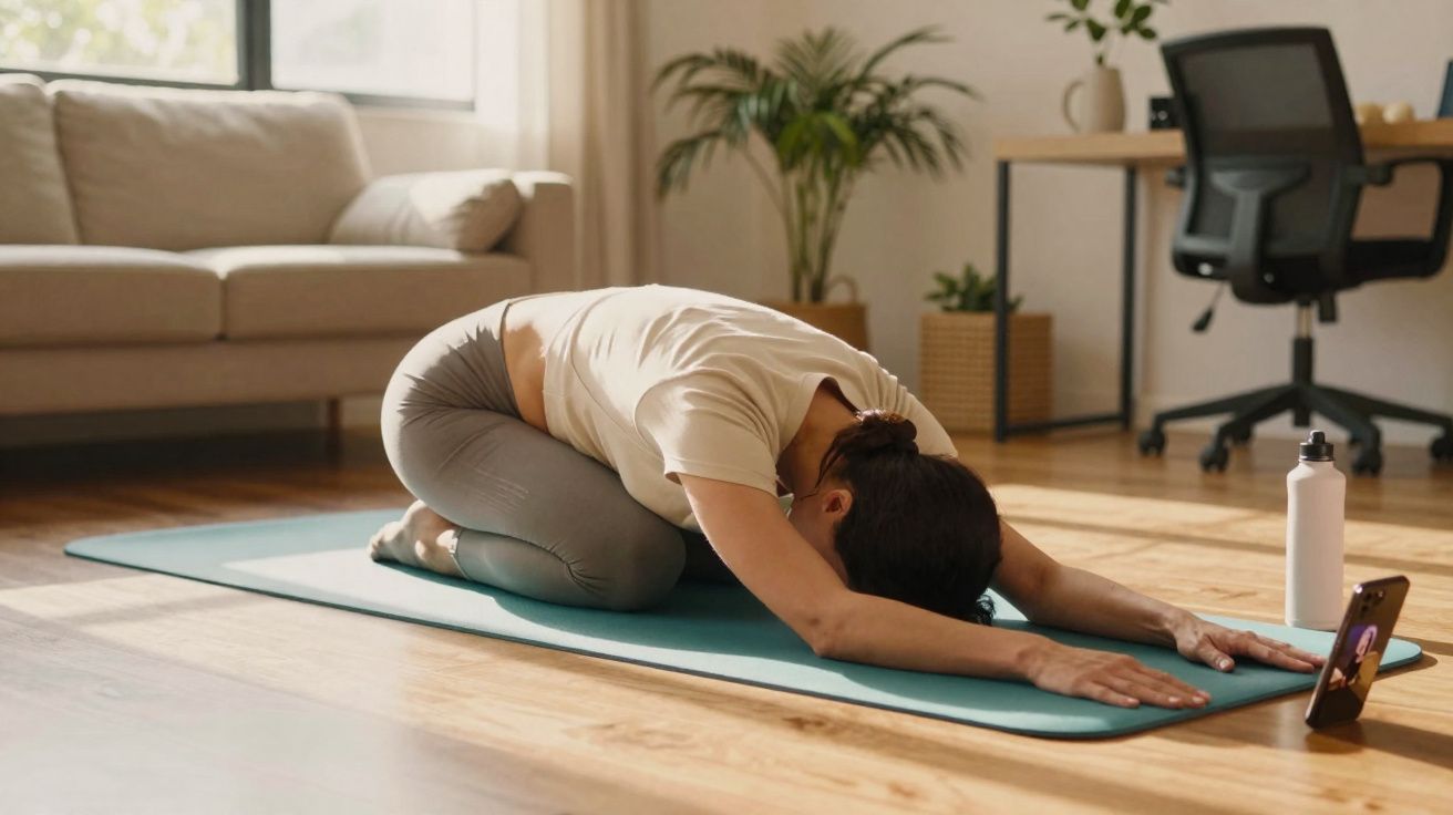 Mulher a fazer sessão de yoga em casa, esticada sobre tapete com telefone e garrafa ao lado.