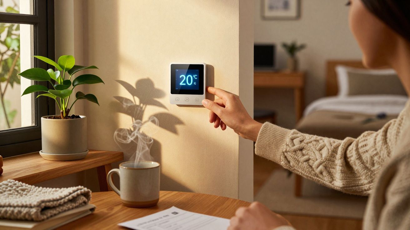 Pessoa ajusta termostato digital a 20 graus numa sala acolhedora com mesa, planta e chá quente.