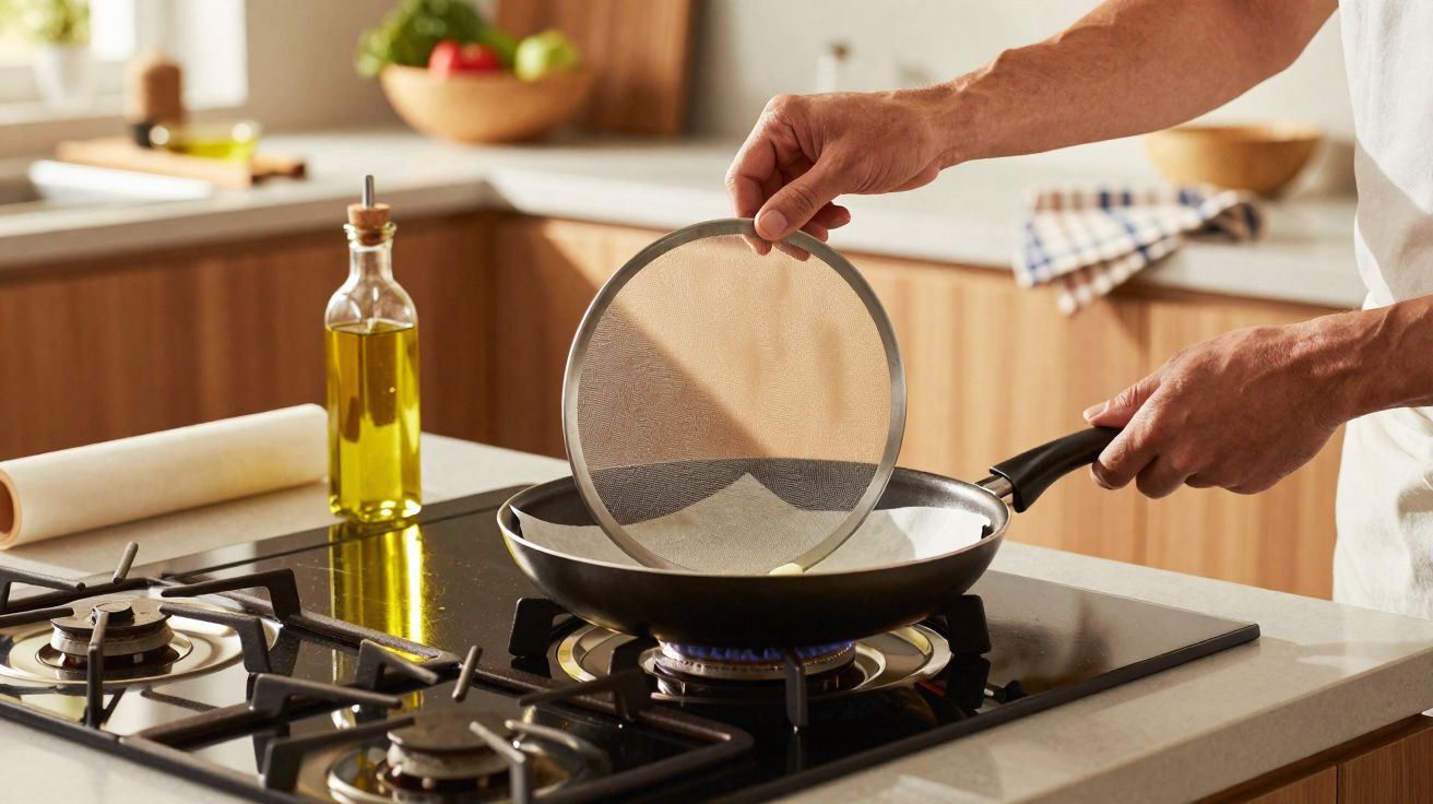 Pessoa a usar um separador de gordura numa frigideira sobre um fogão a gás numa cozinha moderna.