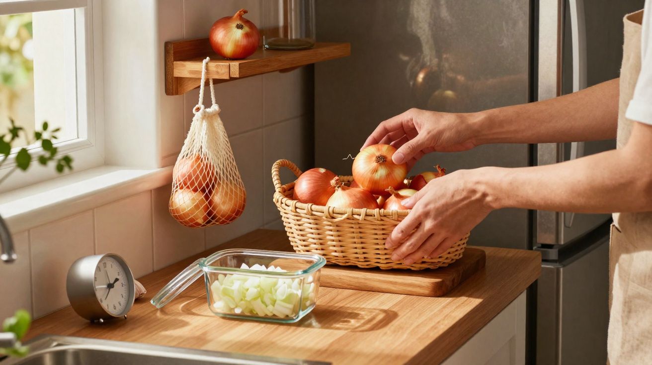 Mãos a organizar cebolas numa cesta de vime numa cozinha com utensílios e janela ao lado.