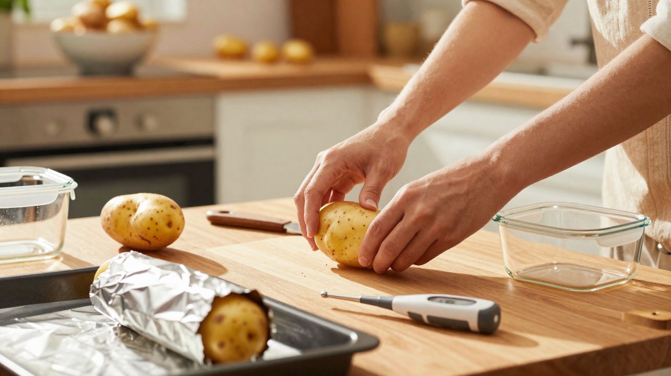 Pessoa a preparar batatas numa cozinha, com termómetro de alimentos e tabuleiro forrado a alumínio.