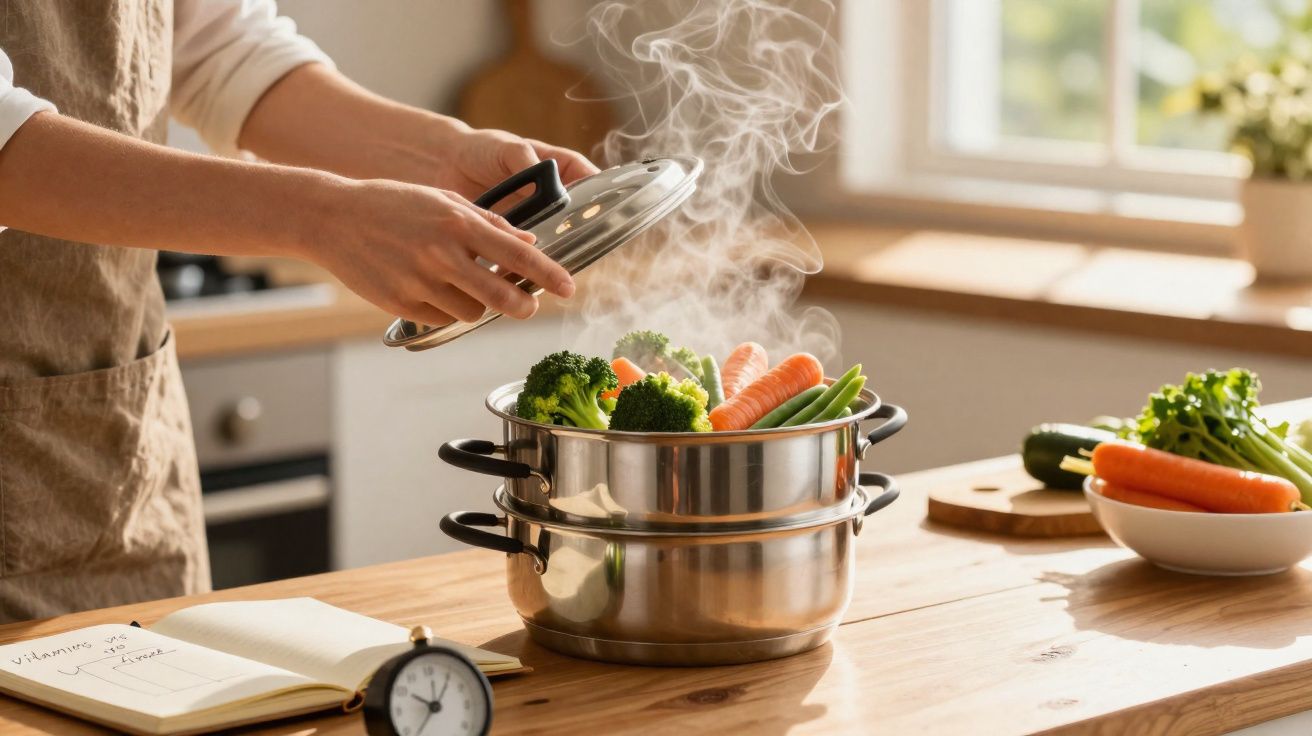 Pessoa a levantar a tampa de panela a vapor com legumes frescos a cozinhar numa cozinha iluminada.