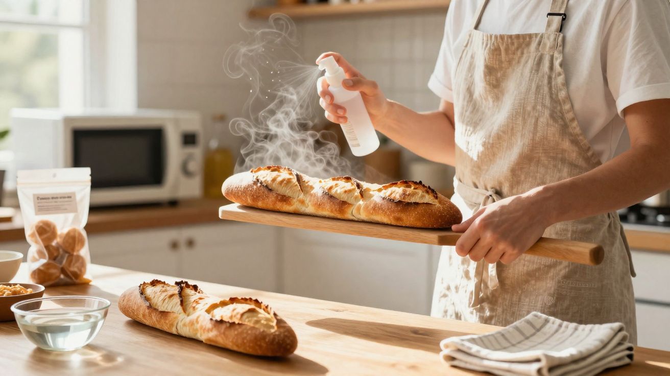 Pessoa a borrifar água em baguete quente recém-saída do forno numa cozinha iluminada.