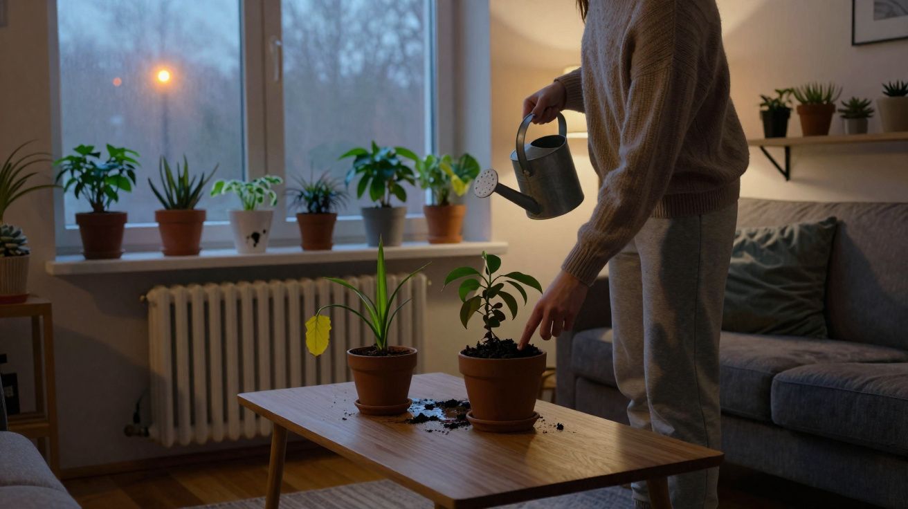 Pessoa a regar plantas em vasos numa sala acolhedora ao final da tarde, com diversas plantas na janela.
