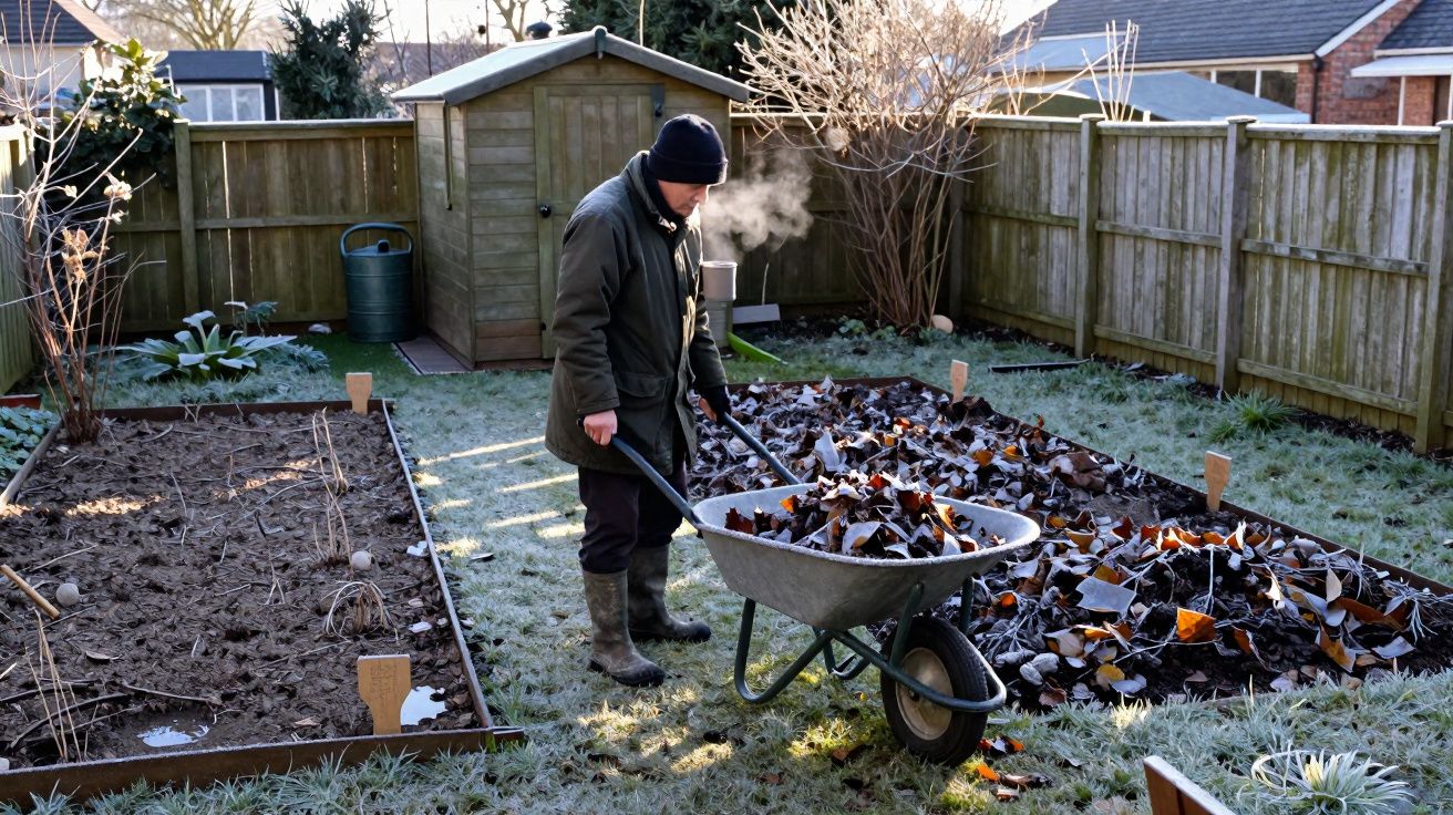 Homem vestido para frio a limpar folhas secas num jardim com carrinho de mão e canteiros com geada.