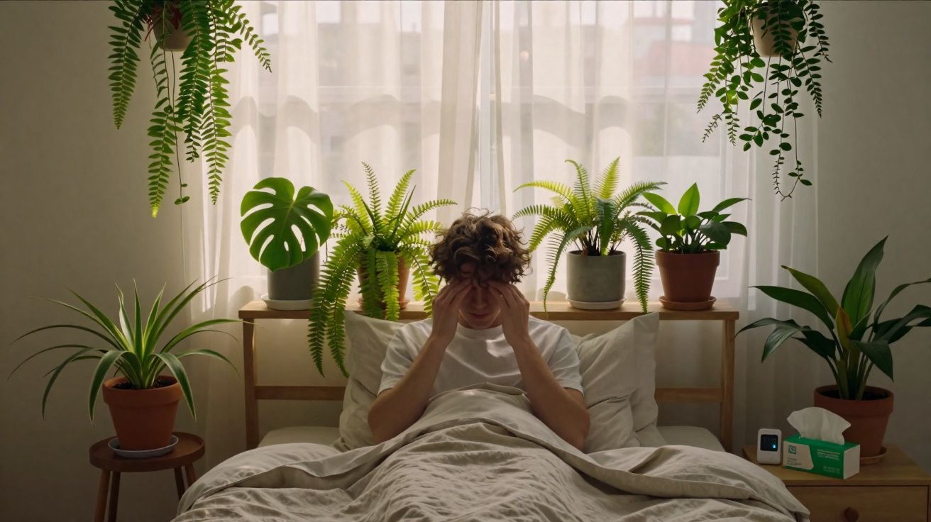 Pessoa na cama com mãos na cabeça rodeada de plantas em ambiente iluminado por luz natural.