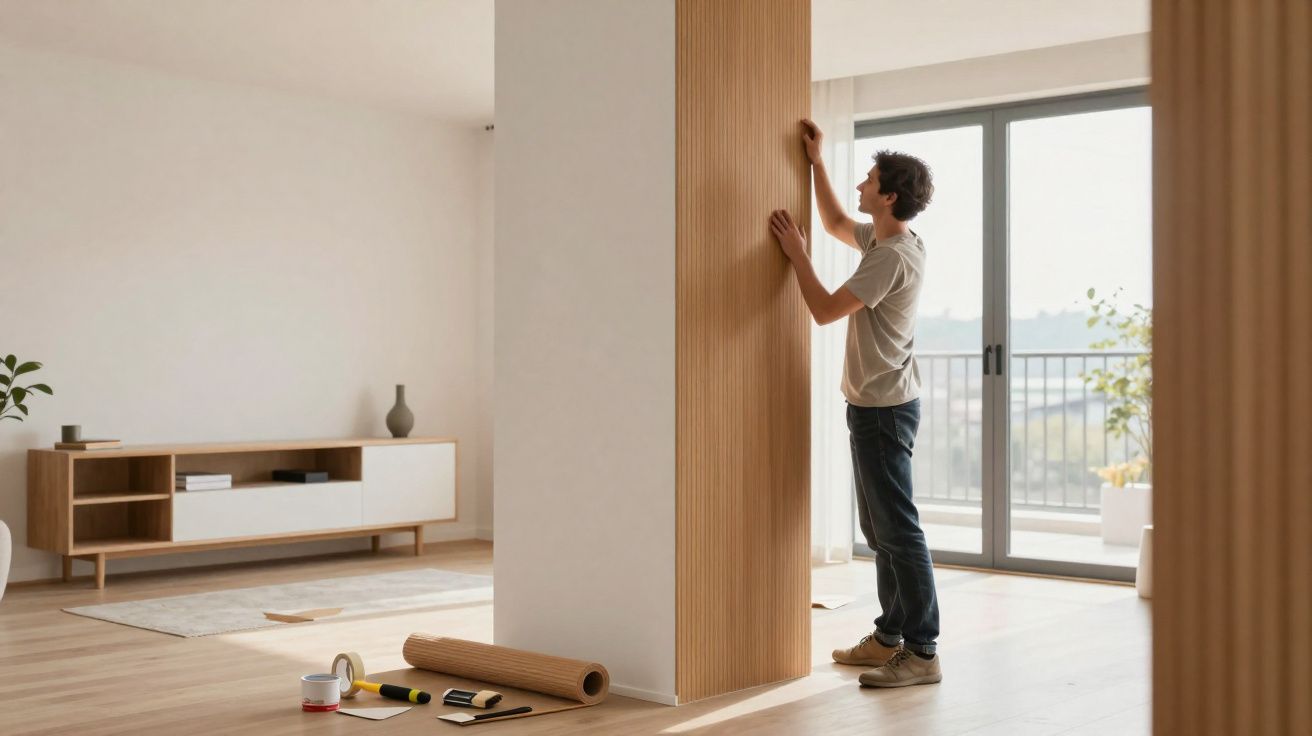 Homem a instalar painéis de madeira decorativos numa coluna numa sala com luz natural.