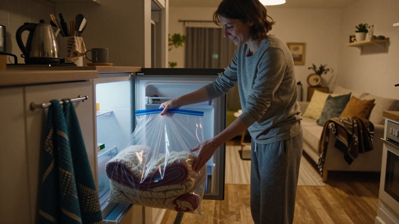 Mulher a colocar uma manta enrolada num saco de plástico dentro do congelador numa cozinha acolhedora.