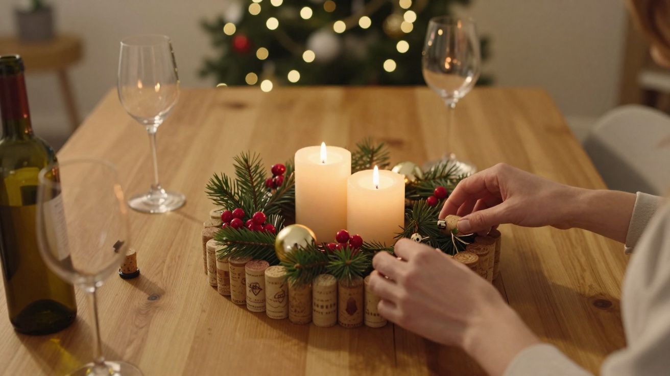 Centro de mesa natalício com velas, ramos de pinheiro e bagas vermelhas sobre mesa de madeira.