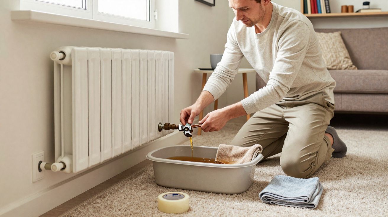Homem descarregando radiador de aquecimento para remover líquido amarelado numa banheira no chão.