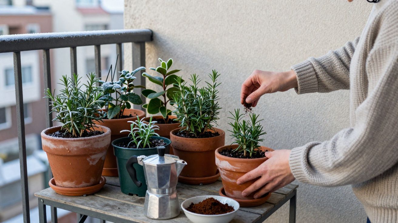 Pessoa a plantar ervas aromáticas em vasos num terraço, com cafeteira e terra em cima da mesa.
